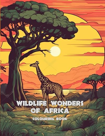 Wildlife Wonders of Africa Colouring Book cover: a giraffe beneath an acacia tree at sunset
