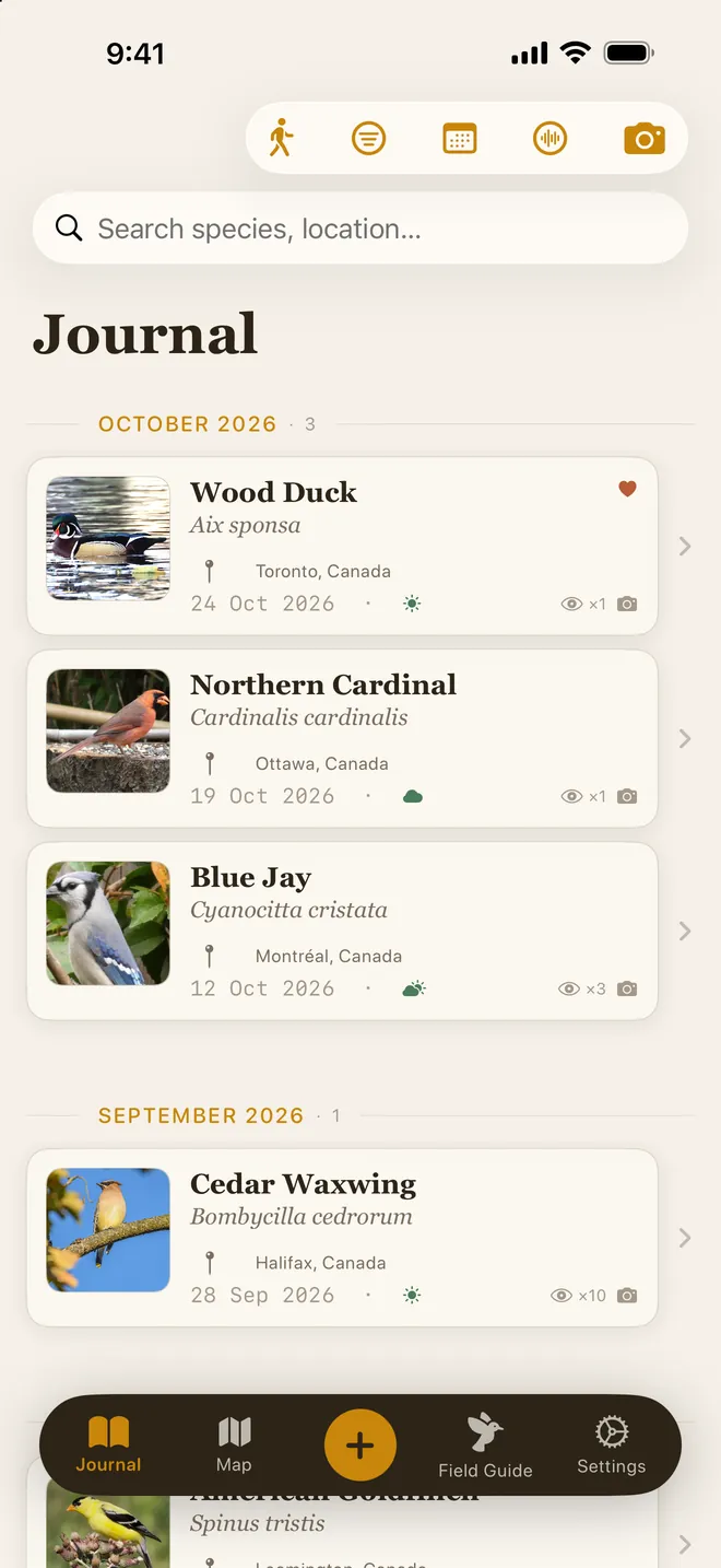 First Feather's journal, listing recent bird sightings with photos, places and dates