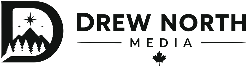Drew North Media logo: a letter D framing a mountain, evergreen trees and the North Star, beside the words Drew North Media and a maple leaf